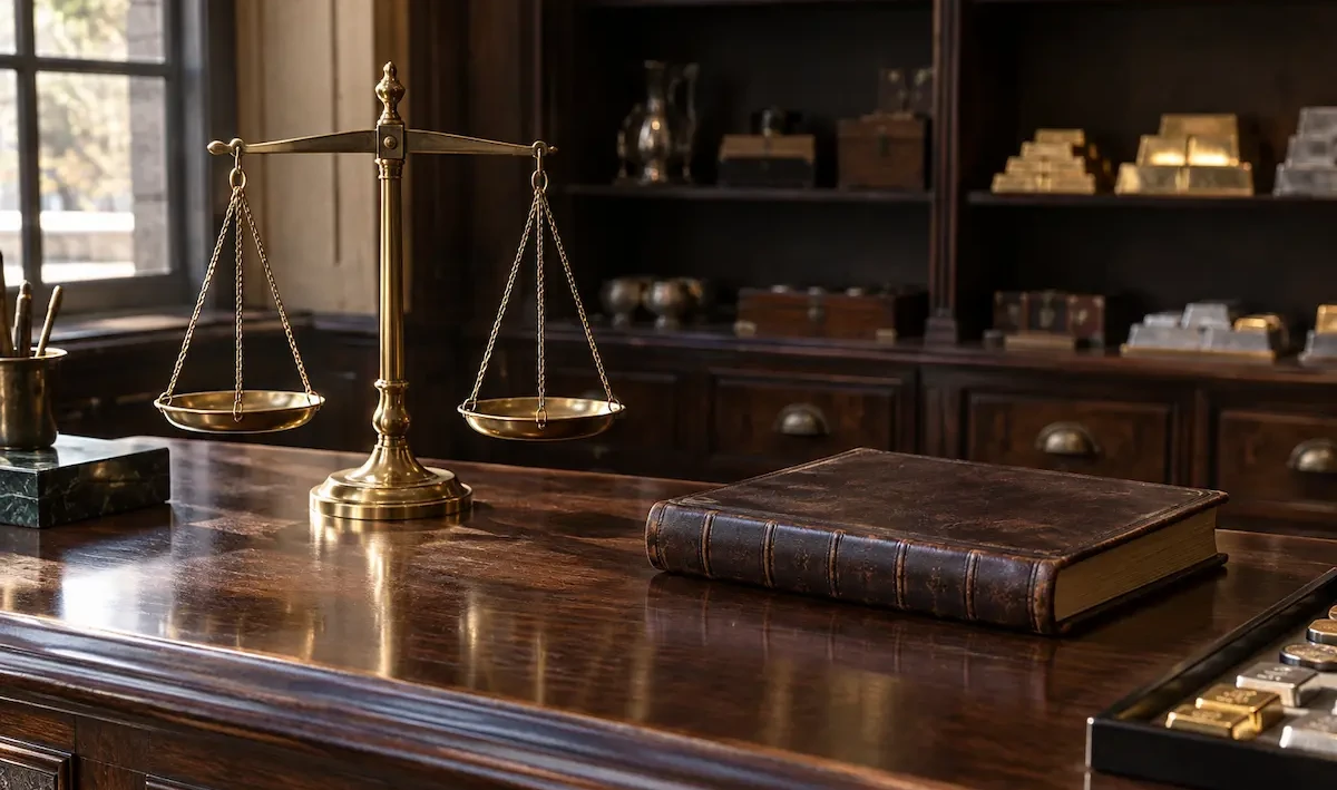 A precious metals dealer counter photographed from the customer side: a brass balance scale with empty pans and a closed leather ledger resting on polished dark wood, daylight from a window at the left, with shelved bullion and storage boxes dim in the background.