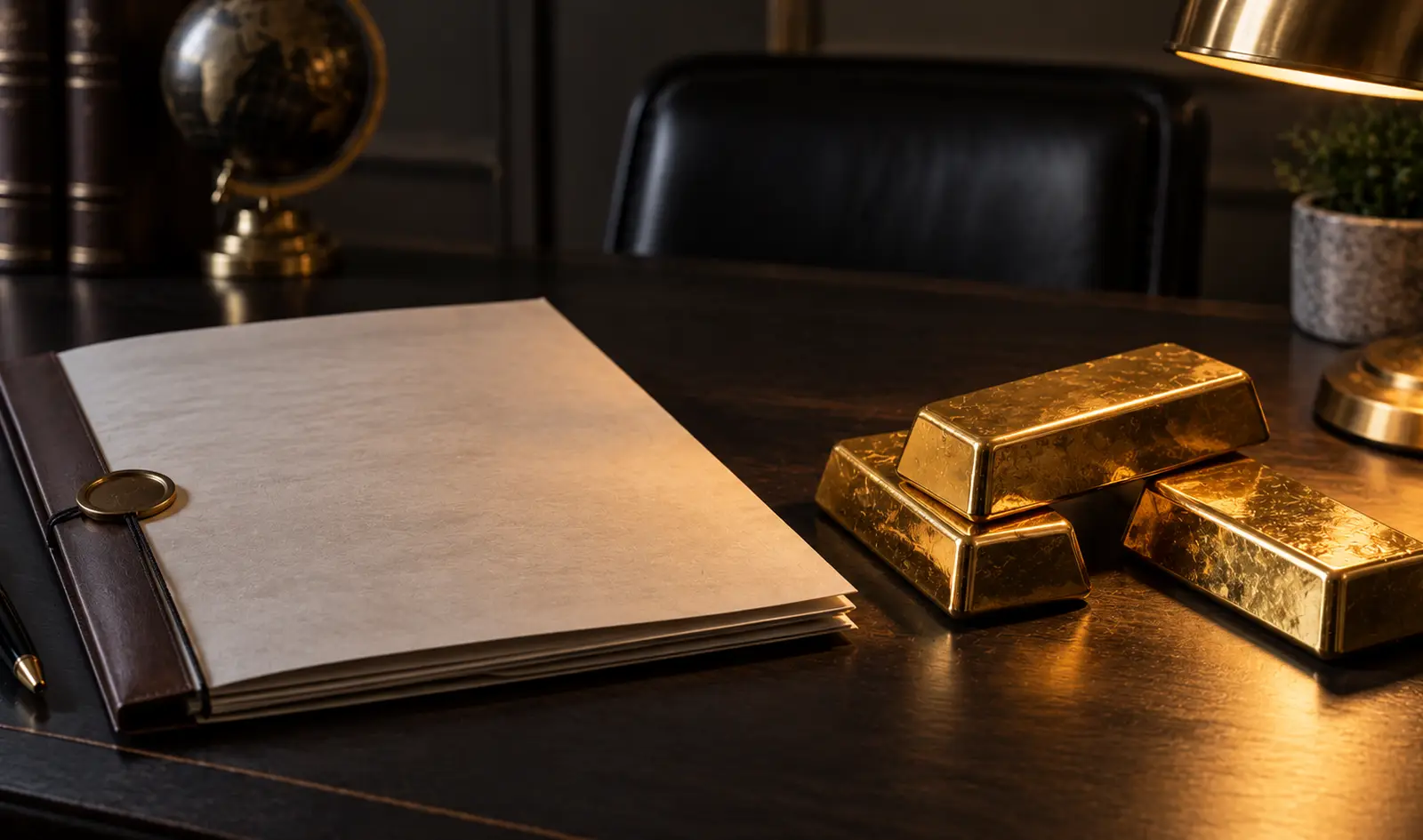 A formal contract document lying face down on a desk beside gold bars under warm lamp light, representing the paperwork behind a metal leasing arrangement.