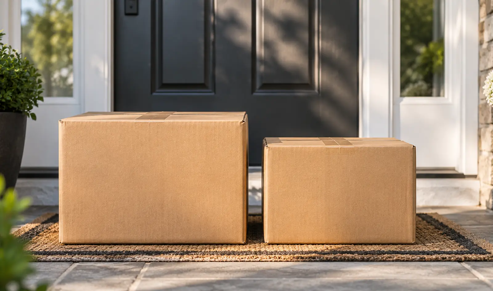 Two plain unbranded shipping boxes side by side on a doorstep in soft daylight, one slightly larger than the other, representing a choice between two mail-order dealers.
