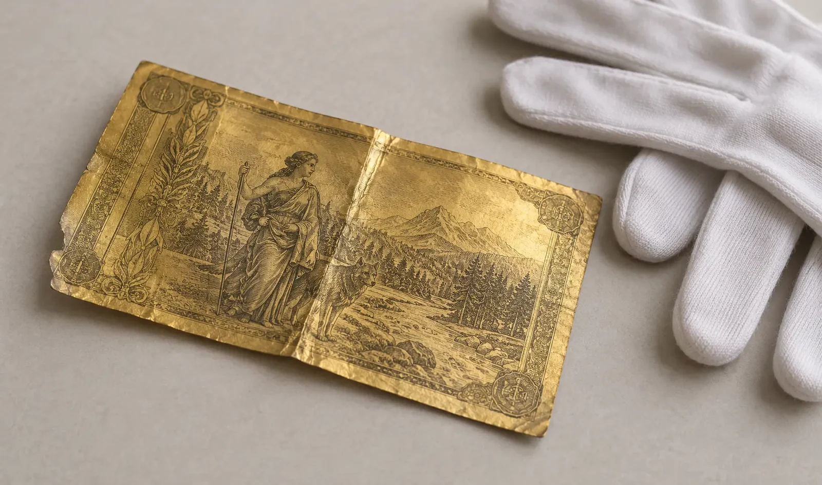 A gold-foil currency note showing a visible crease and worn edge, resting on a plain surface beside cotton handling gloves, representing assessment of a damaged note.