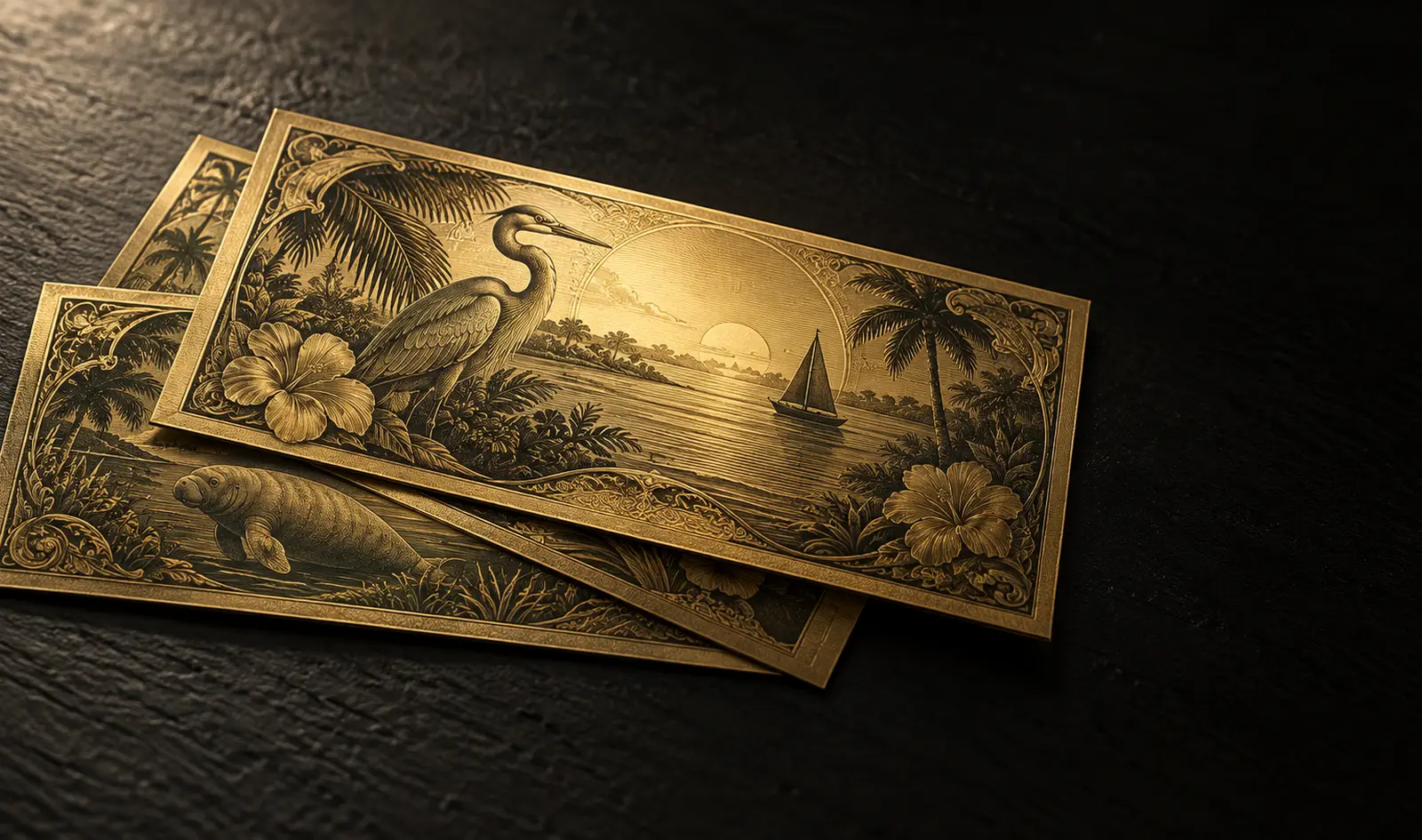 Florida Goldback notes arranged on a dark surface, their gold foil catching directional light, with the engraved state-themed artwork and ornate border detail visible across the face of each note.