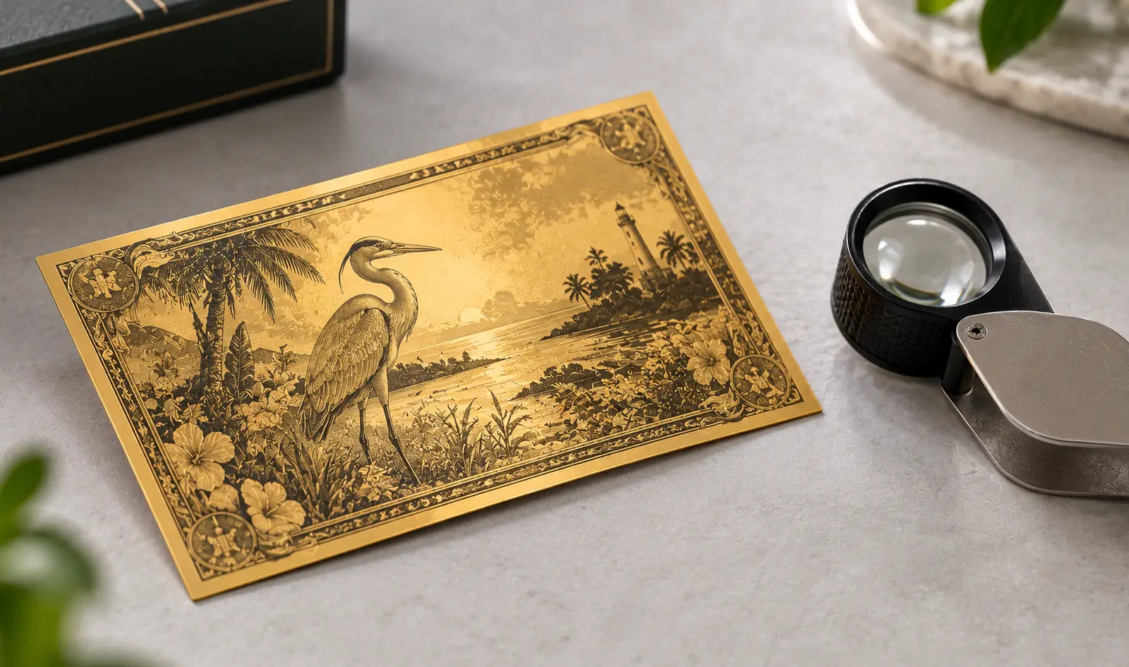 A Florida Goldback note photographed beside a jeweller’s loupe on a pale surface, positioned as if for close inspection of the engraving and foil detail.