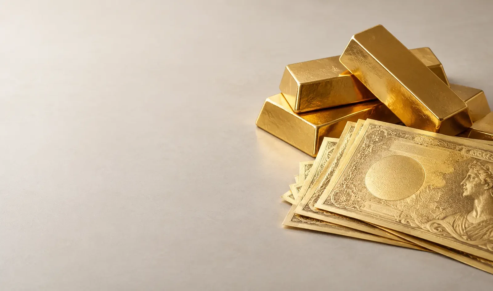 Gold bars and gold-foil currency notes grouped to one side of a plain neutral surface with open space deliberately left beside them, representing a portion of savings set aside rather than a whole.