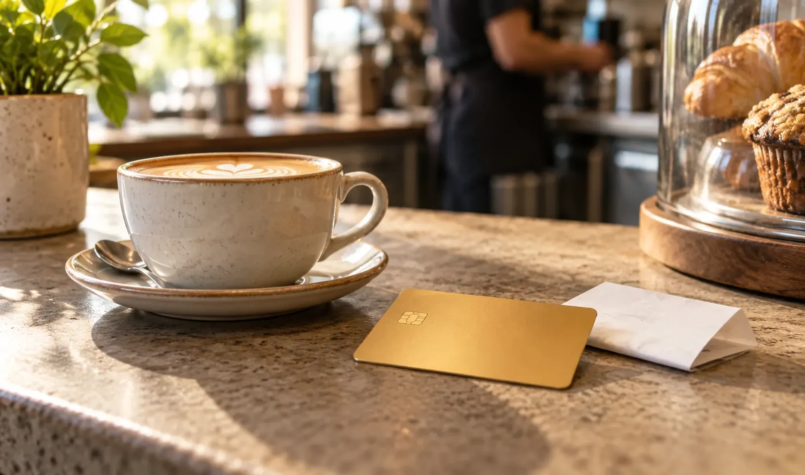 A plain unbranded gold-coloured payment card resting on a cafe counter beside a coffee cup and a folded receipt, the receipt print illegible, in warm daylight suggesting ordinary everyday spending.