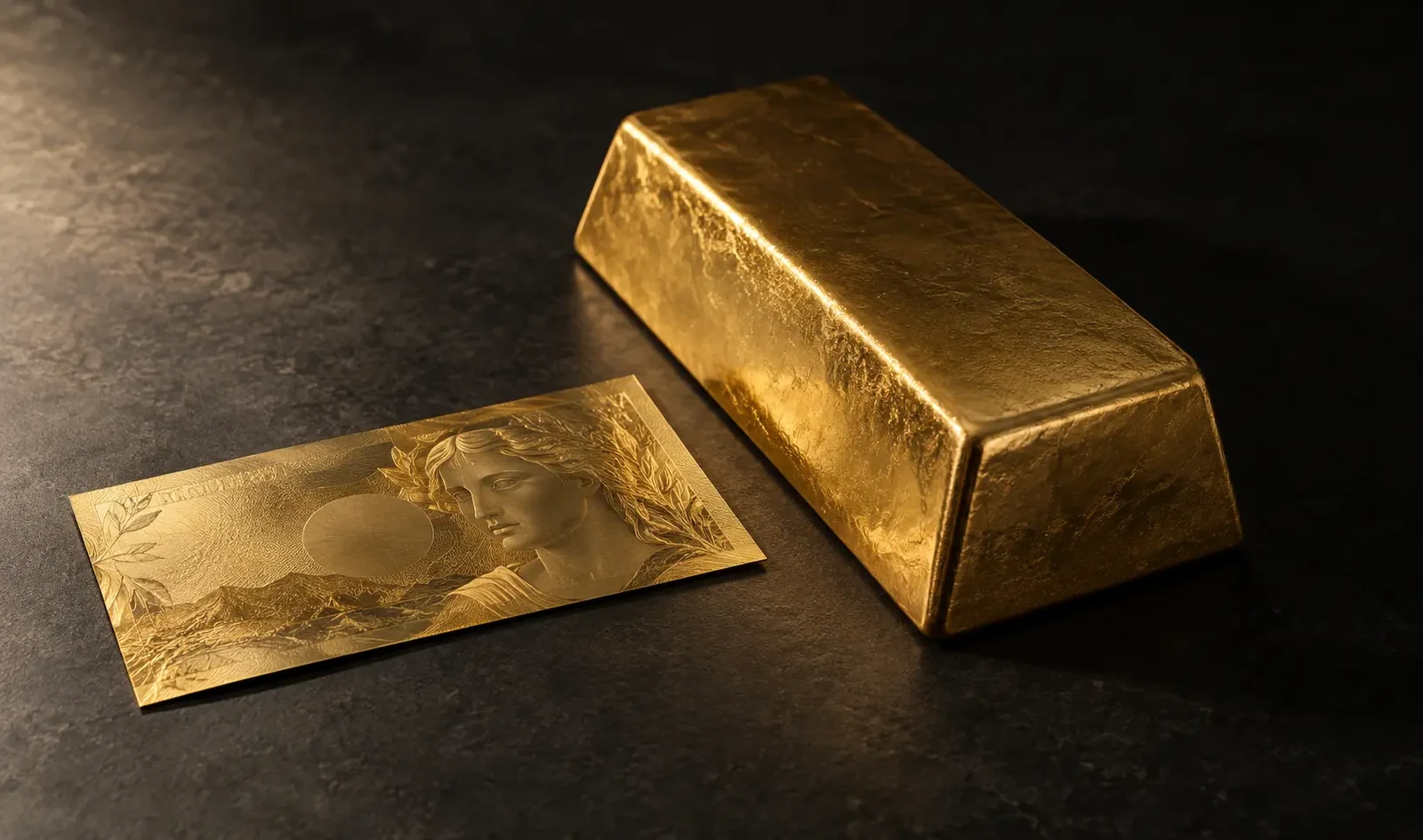 A single gold-foil currency note with detailed engraved artwork lying flat on dark slate beside a plain cast gold bar several times its size, one soft light raking across both so the intricate worked surface of the note contrasts with the rough unmarked metal of the bar.