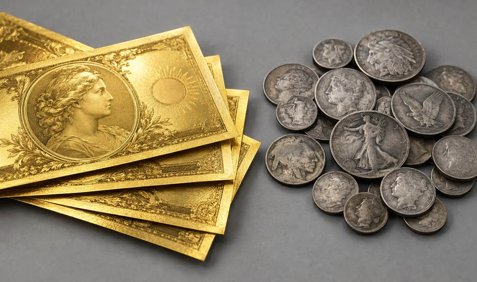 Gold-foil currency notes photographed beside a handful of worn circulated silver coins, the bright gold foil contrasting against the dulled surfaces of the older silver.