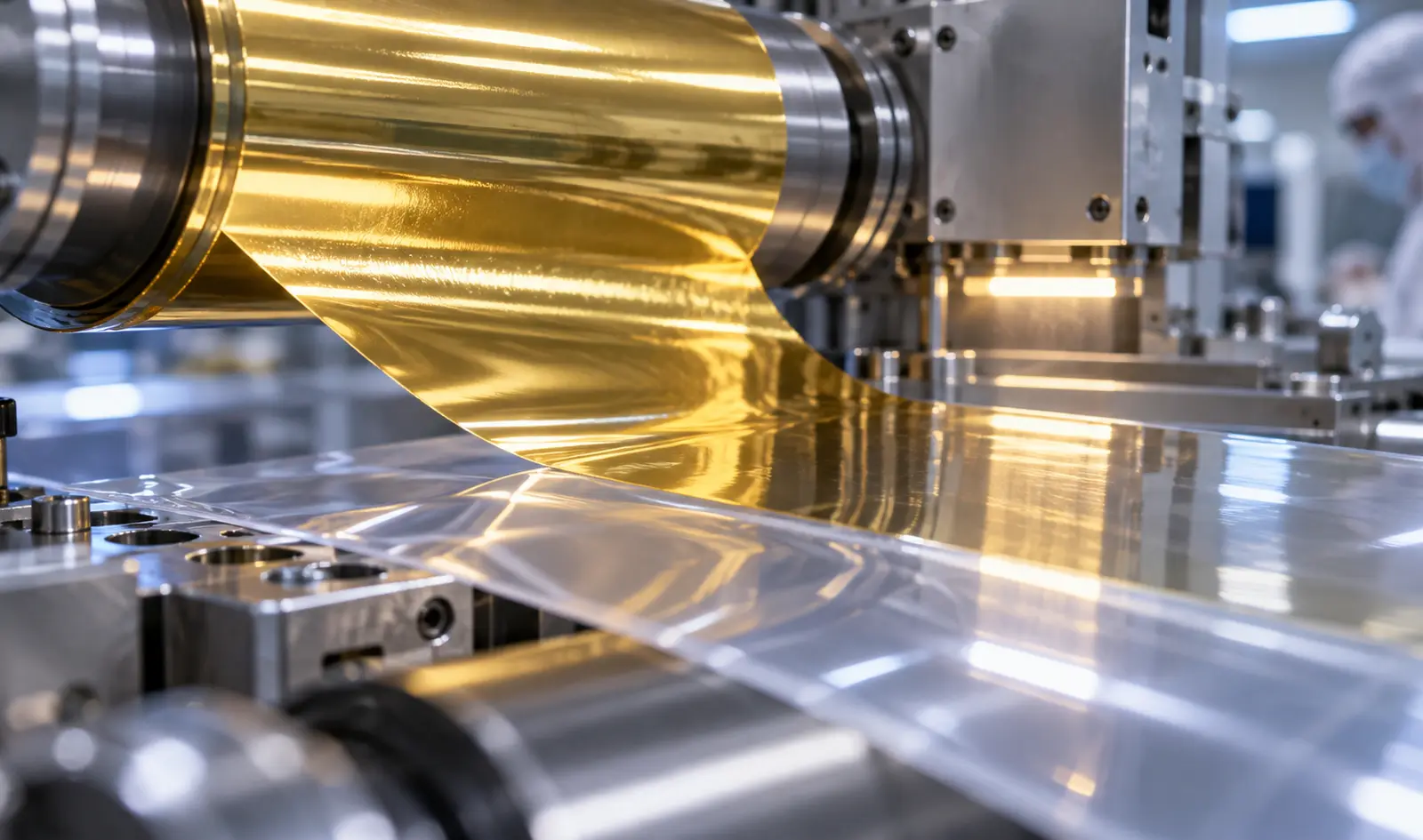 Macro view of iridescent gold film on a polymer sheet under clean-room lighting, illustrating the vacuum-deposition process by which gold is laid down in a precise layer.