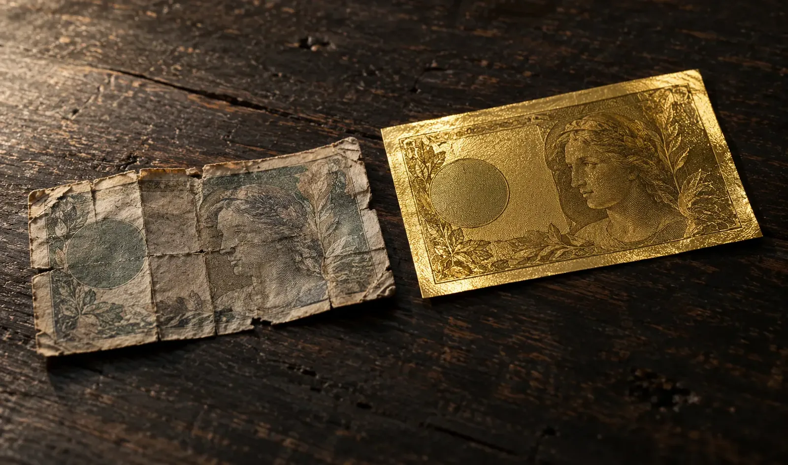 A worn and creased paper banknote lying on dark wood beside a gold-foil note of similar size, the paper visibly aged and faded while the gold note remains intact, contrasting how two forms of money survive time.