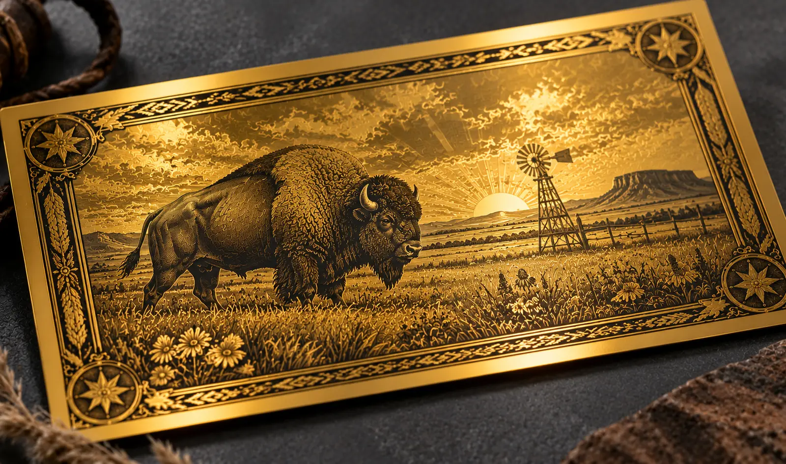 An Oklahoma Goldback Alpha note angled under directional light, the gold foil catching the beam across the engraved state artwork of this first-print edition.