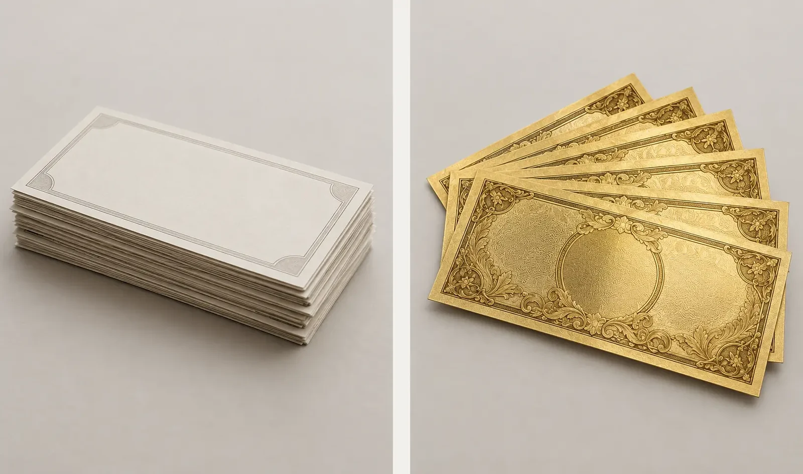 A split composition on a neutral surface with plain unmarked paper currency on one side and gold-foil currency notes on the other, evenly lit and separated by a clear gap so neither is visually favoured.