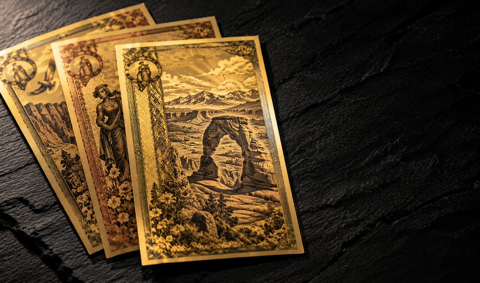 Utah Goldback notes fanned across a dark surface, the original state series, with engraved figures and ornate border detail picked out by soft light across the gold foil.