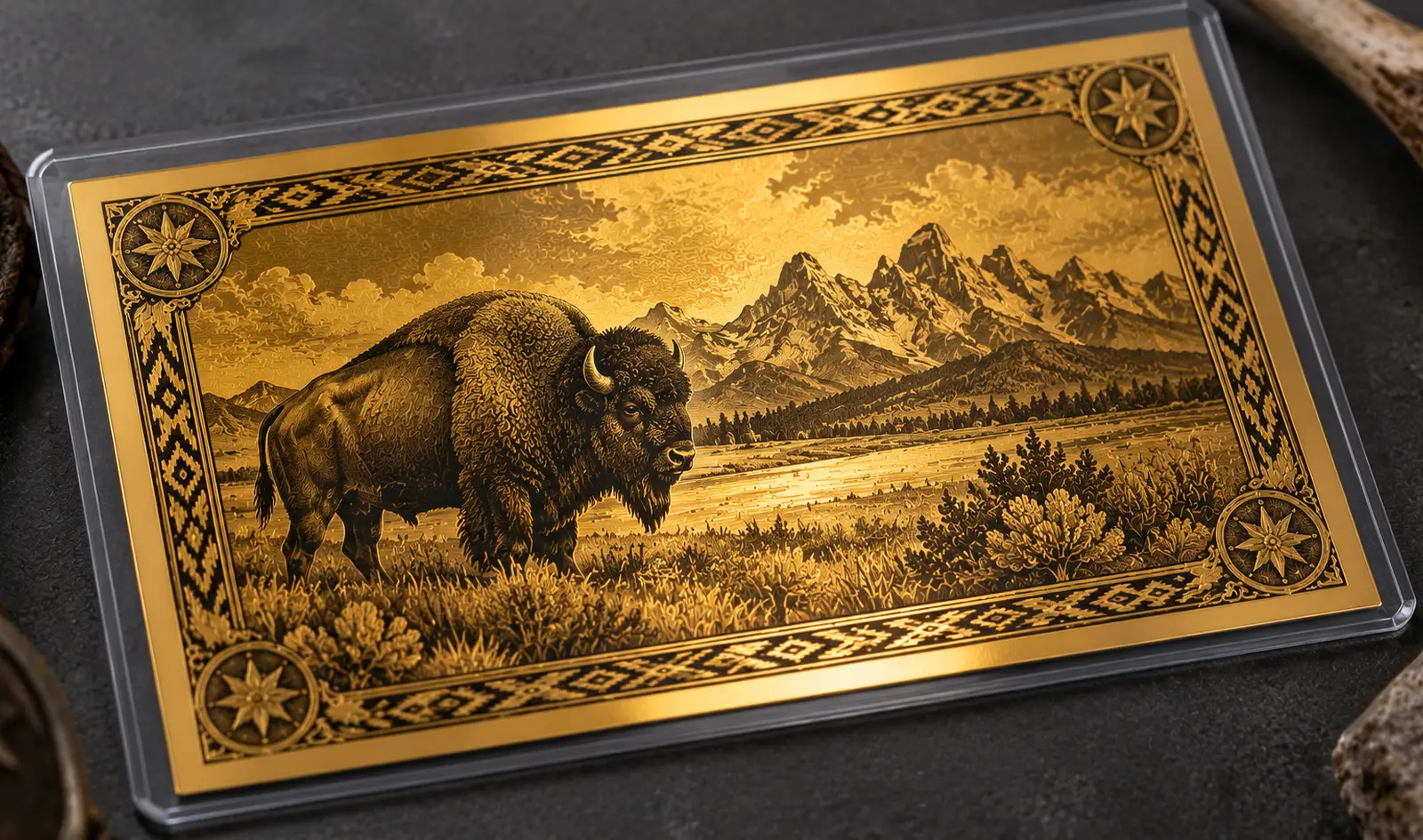 A Wyoming Goldback Alpha note in a protective sleeve, photographed close up so the collector packaging and the engraved detail of the note are both visible.